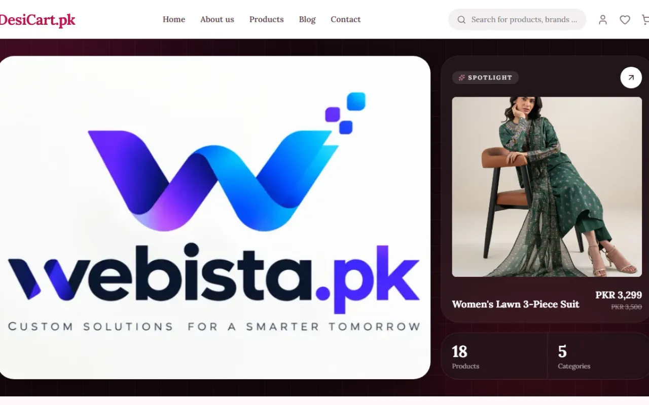 DesiCart demo store home page with a product spotlight and store totals