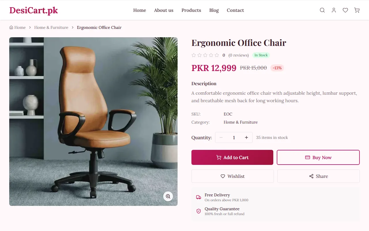 DesiCart demo product page for an ergonomic office chair with price and add to cart button