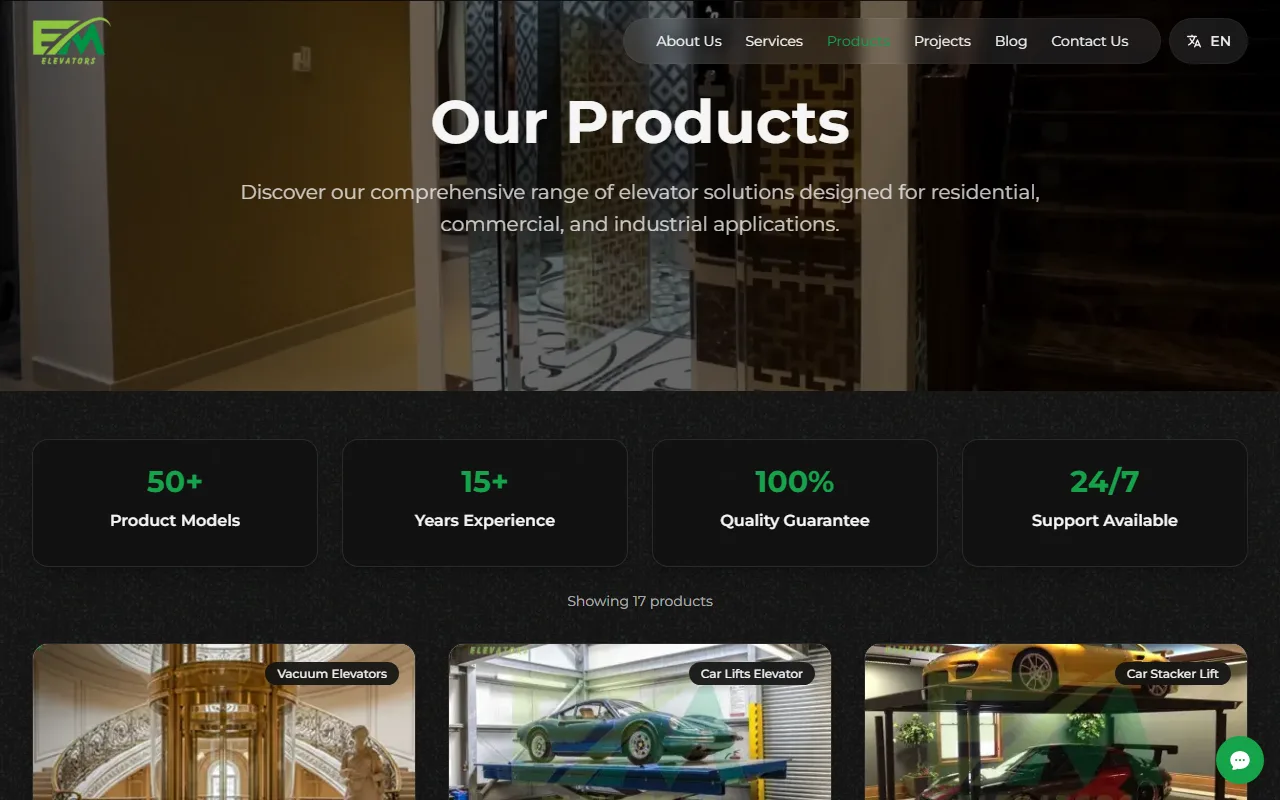 Easy Move Lift products page with product cards for vacuum elevators, car lifts and car stacker lifts