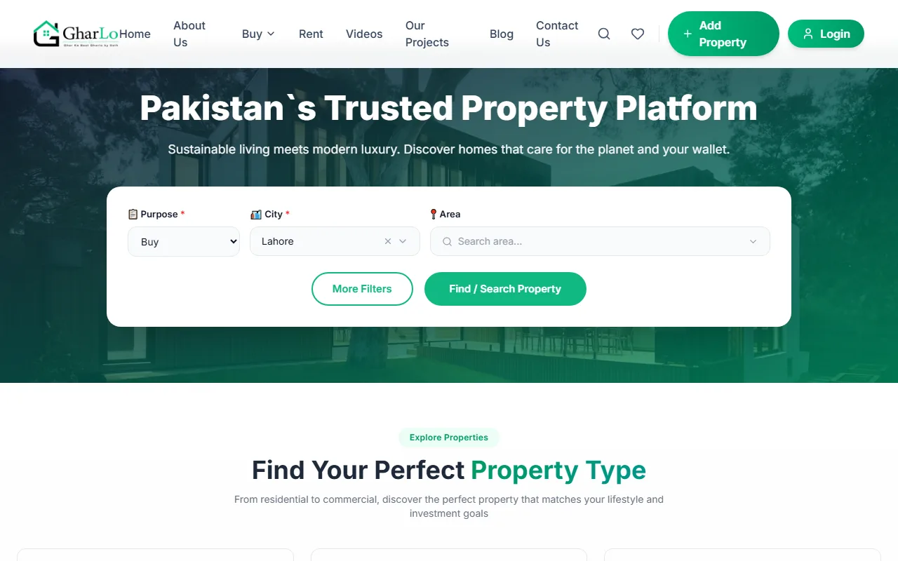 Gharlo home page with a search box for buying or renting property by city and area