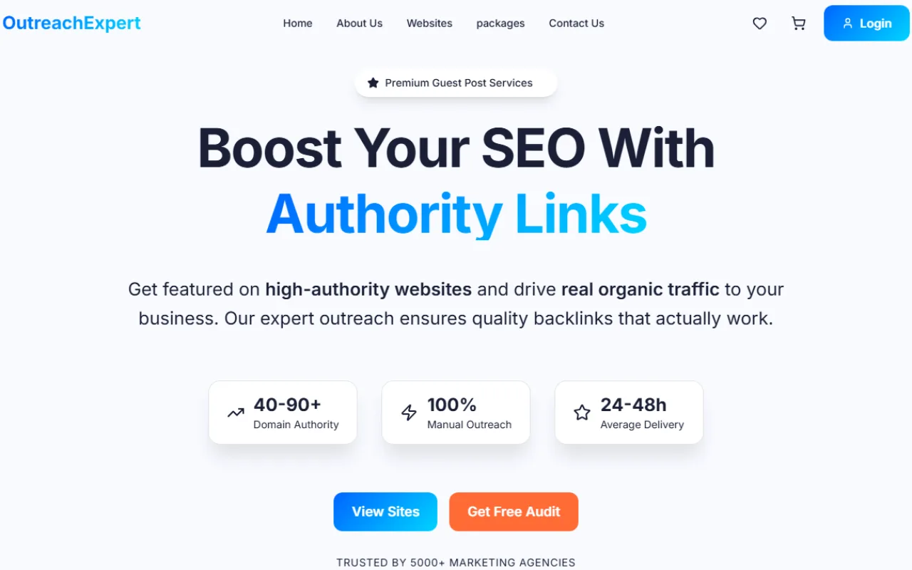 Outreach Expert home page with the heading Boost Your SEO With Authority Links