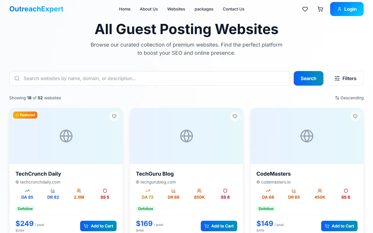 Outreach Expert website catalogue with search, filters and cards showing DA, DR, traffic, spam score and price