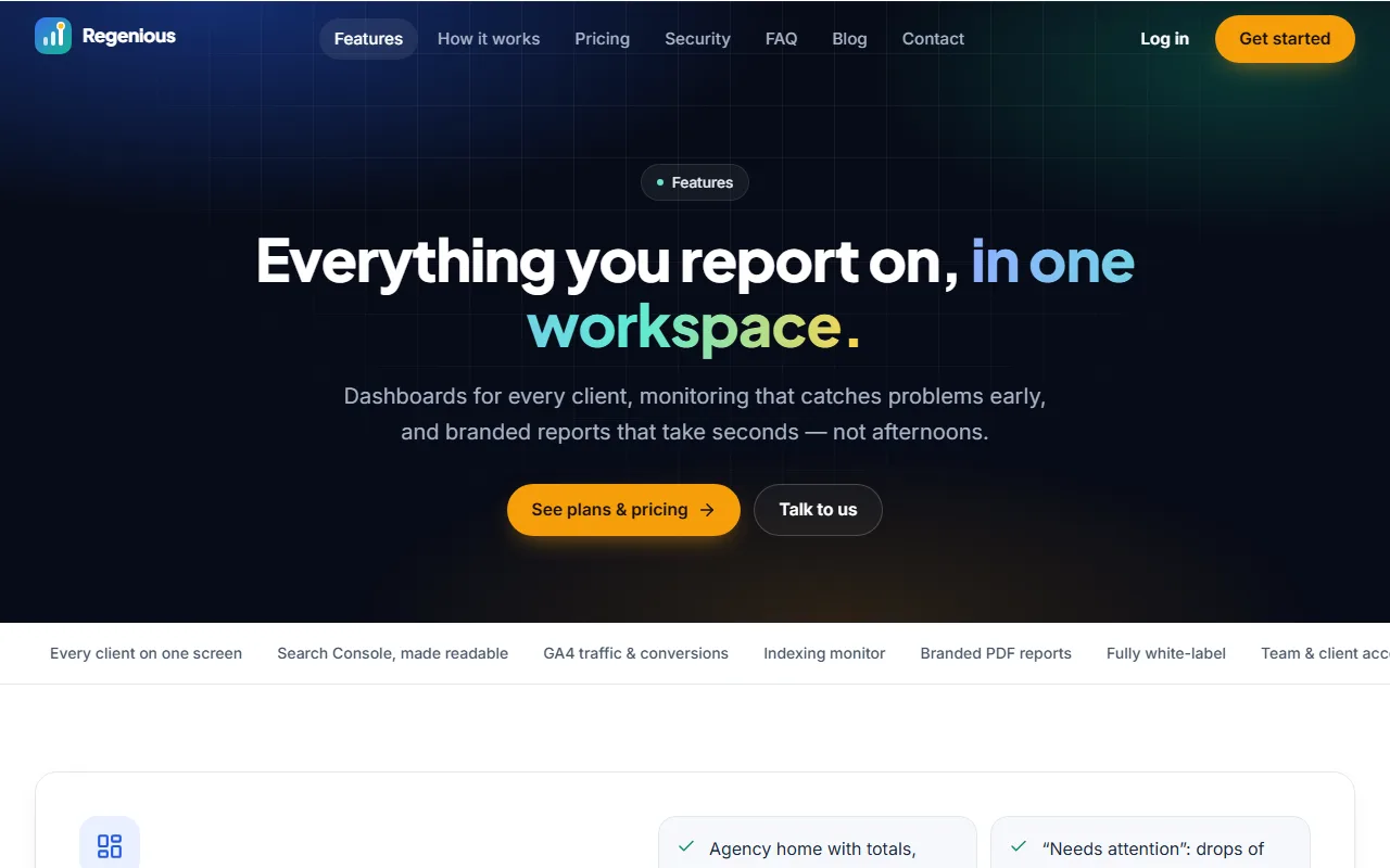 Regenious features page with the heading Everything you report on, in one workspace