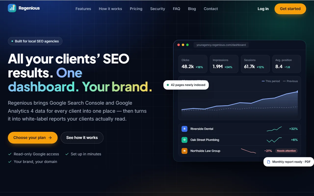 Regenious home page showing a dashboard with clicks, impressions, sessions and a list of client websites