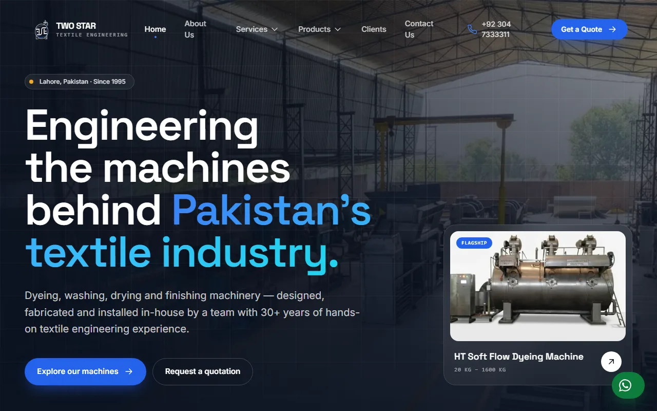 Two Star Textile Engineering home page with the factory in the background and the HT soft flow dyeing machine as the flagship card