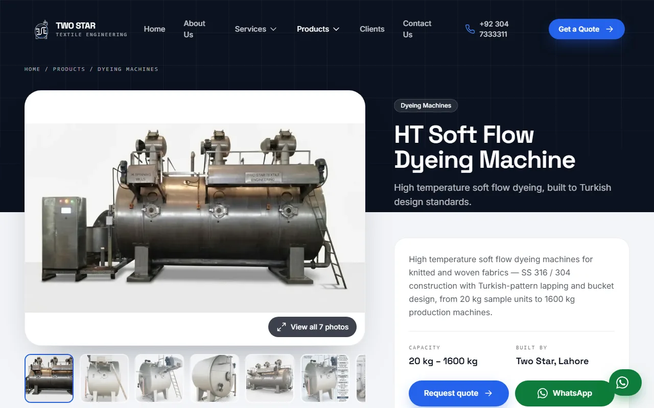 HT soft flow dyeing machine page with a photo gallery, capacity of 20 to 1600 kg, and quote and WhatsApp buttons