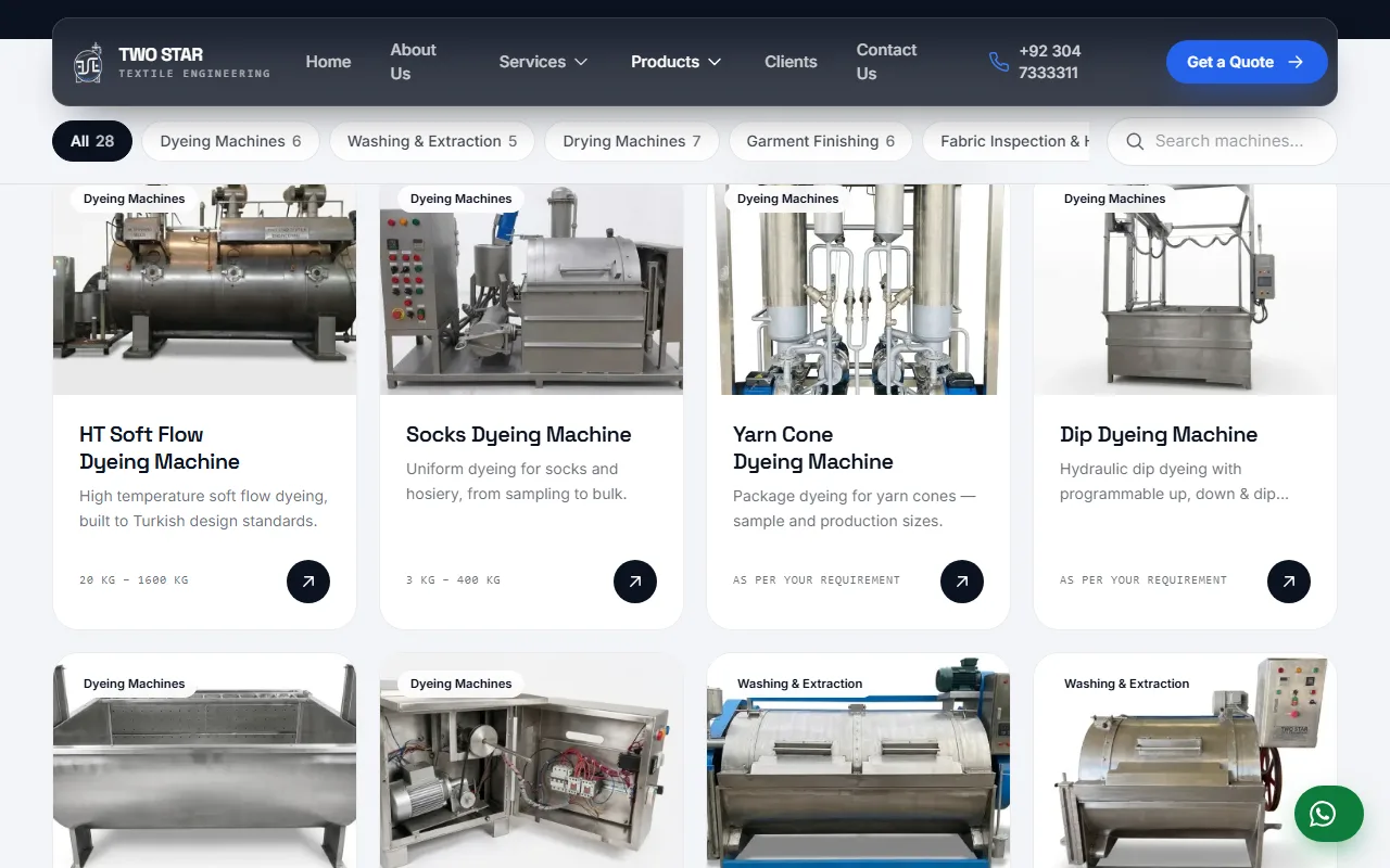 Two Star Textile products page with category filters, a search box and cards for dyeing machines