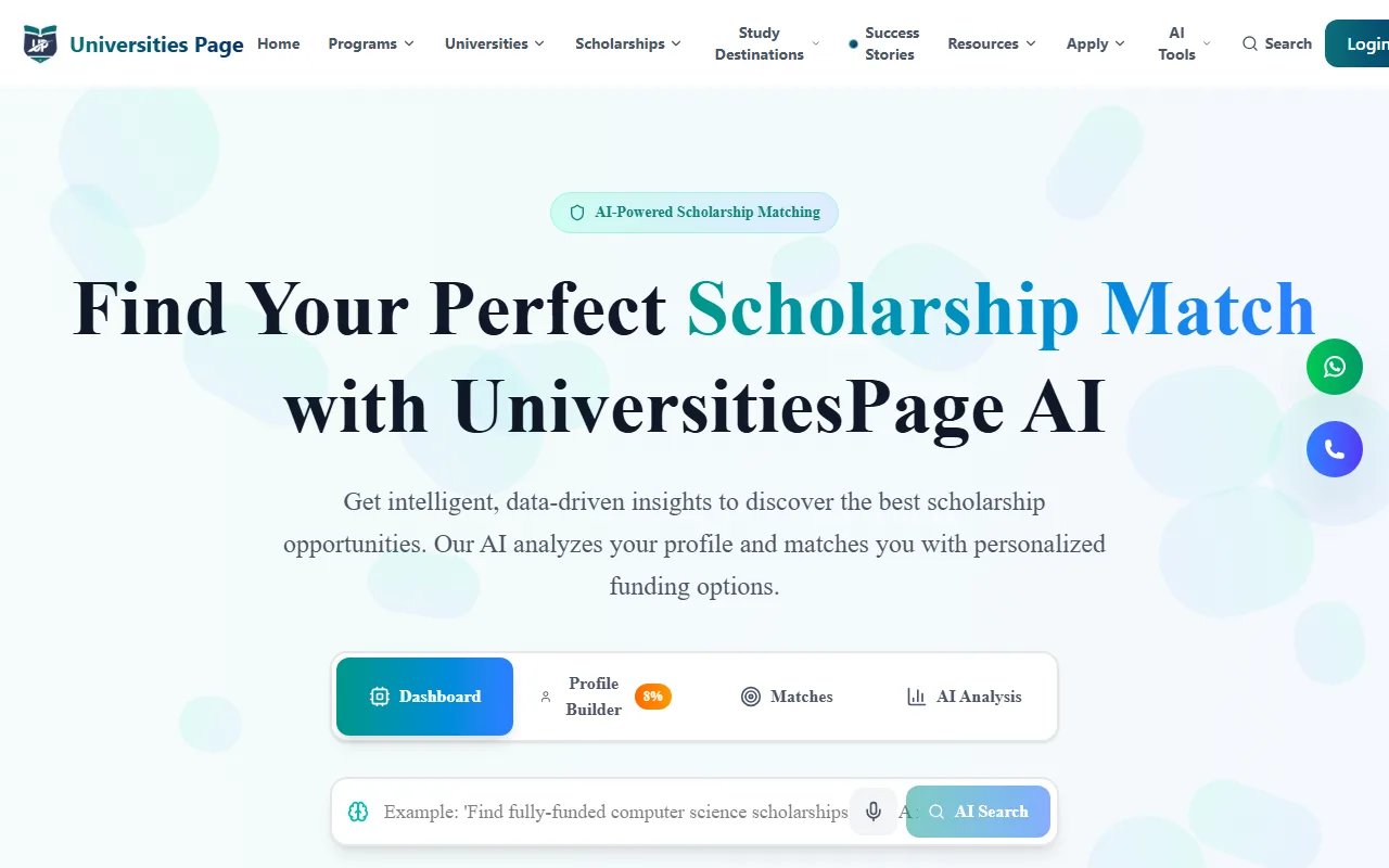 Universities Page AI scholarship match tool with dashboard, profile builder, matches and AI analysis tabs