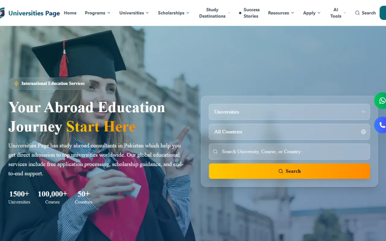 Universities Page home page with a search box for universities, courses and countries